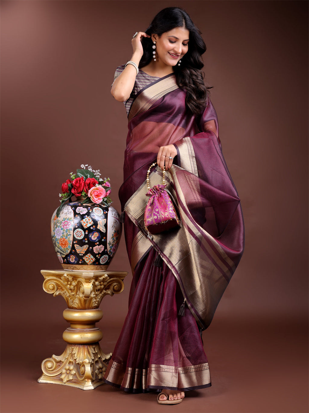 Purple Organza Woven Zari Work Traditional Tassel Saree
