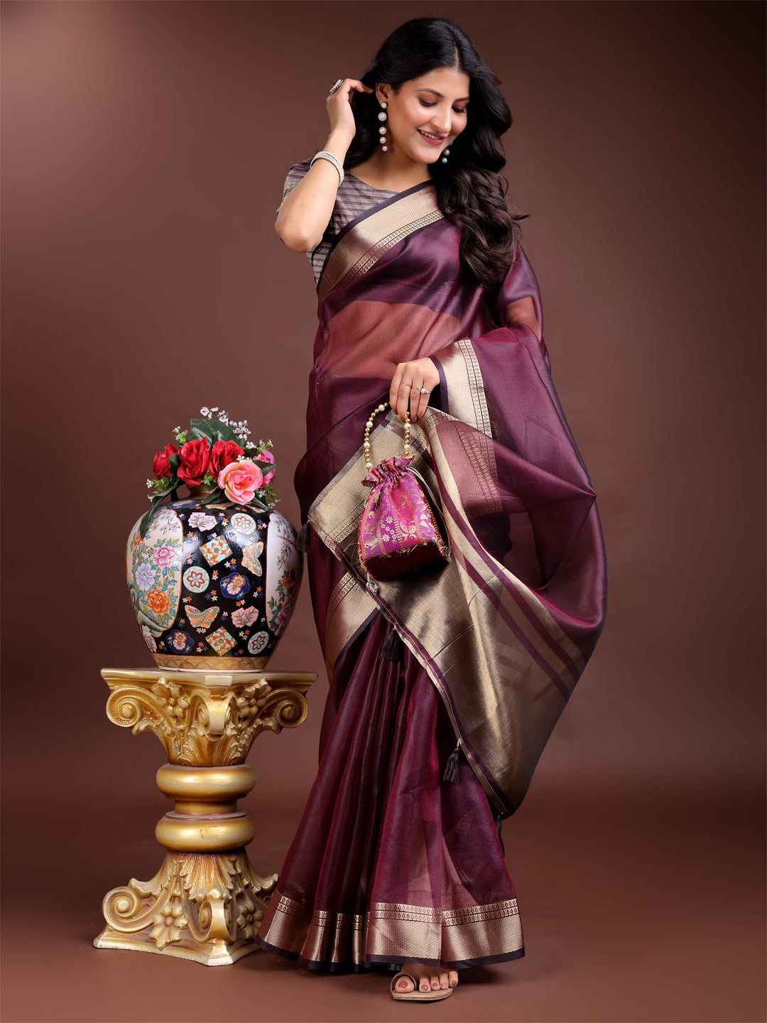 Purple Organza Woven Zari Work Traditional Tassel Saree
