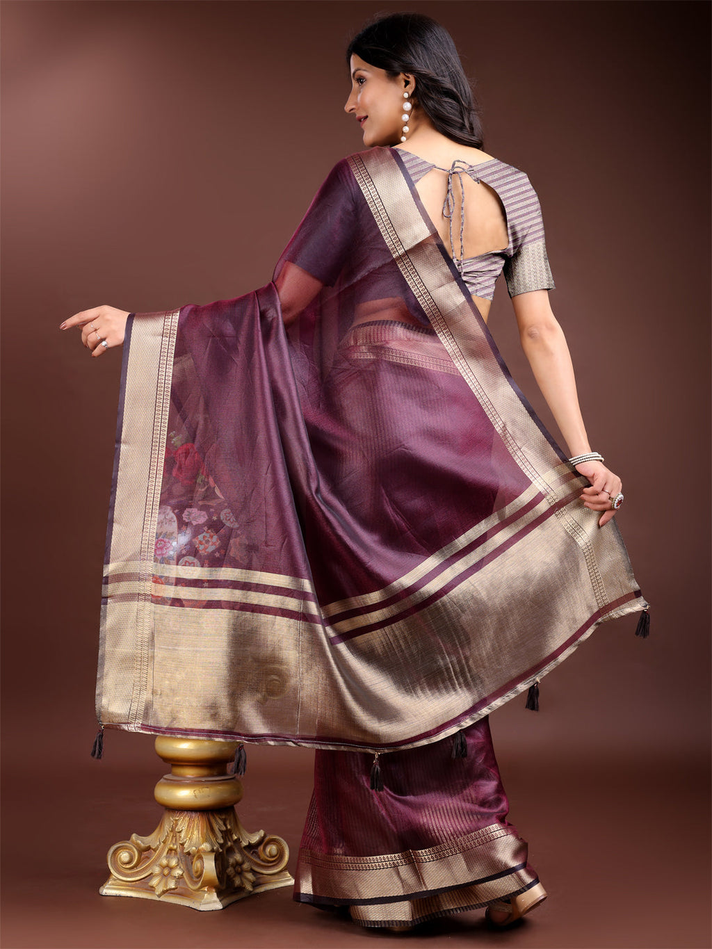 Purple Organza Woven Zari Work Traditional Tassel Saree