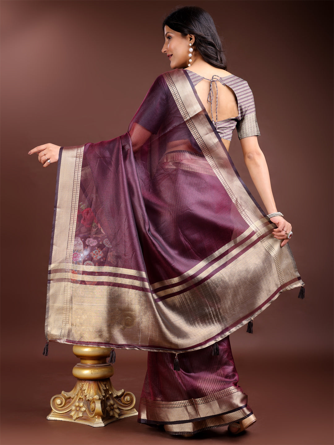 Purple Organza Woven Zari Work Traditional Tassel Saree