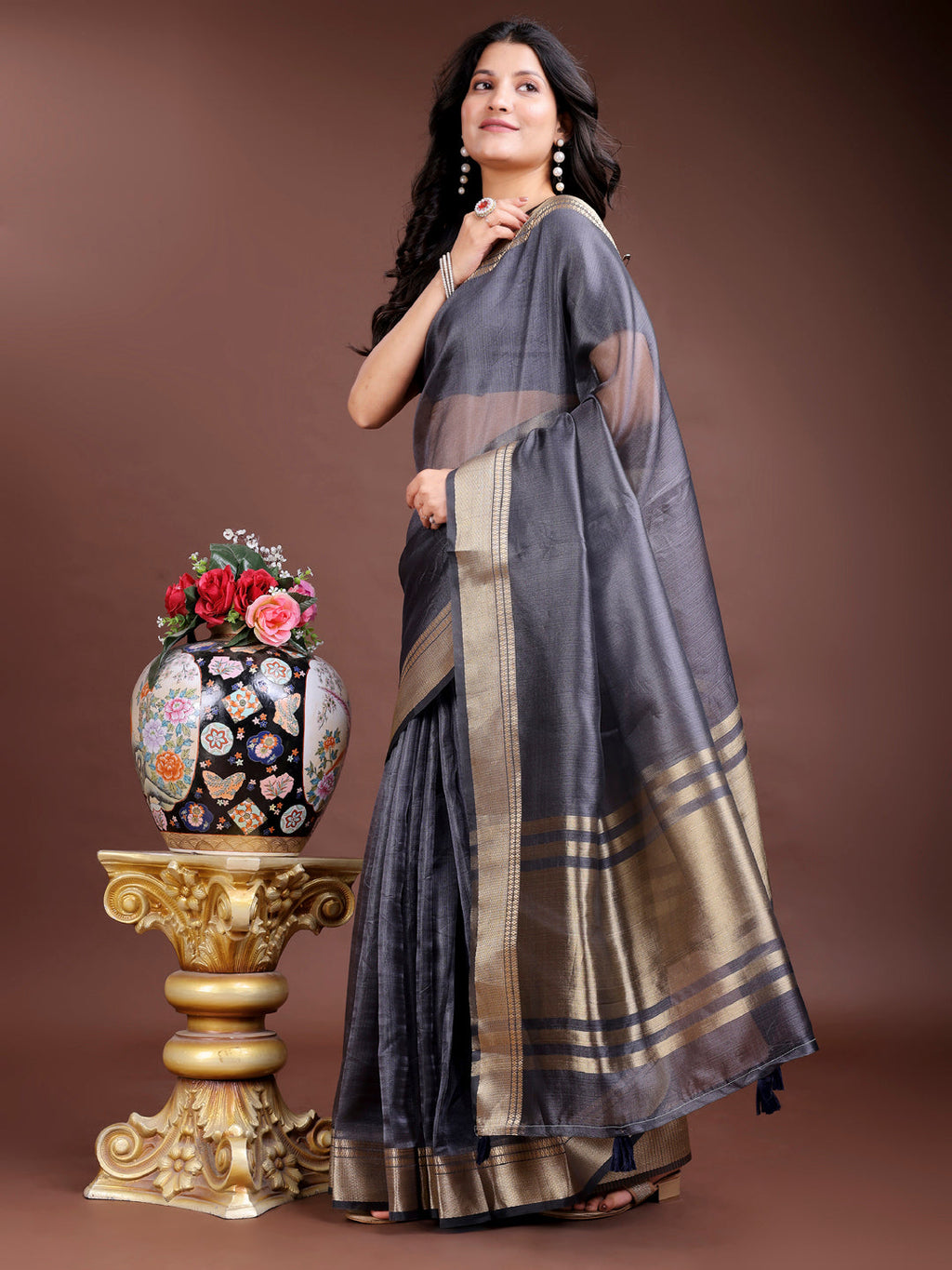 Grey Organza Saree with Woven Zari Work and Tassel Detail