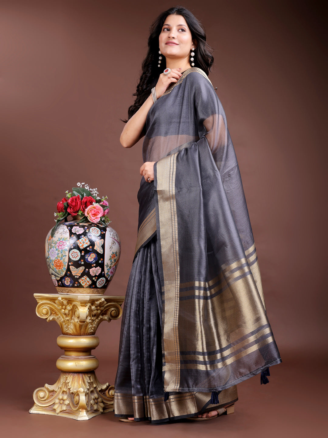 Grey Organza Saree with Woven Zari Work and Tassel Detail