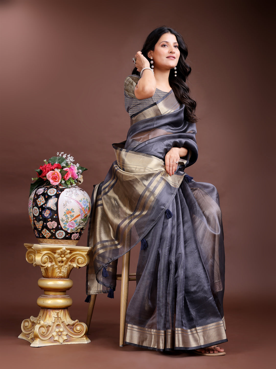 Grey Organza Saree with Woven Zari Work and Tassel Detail