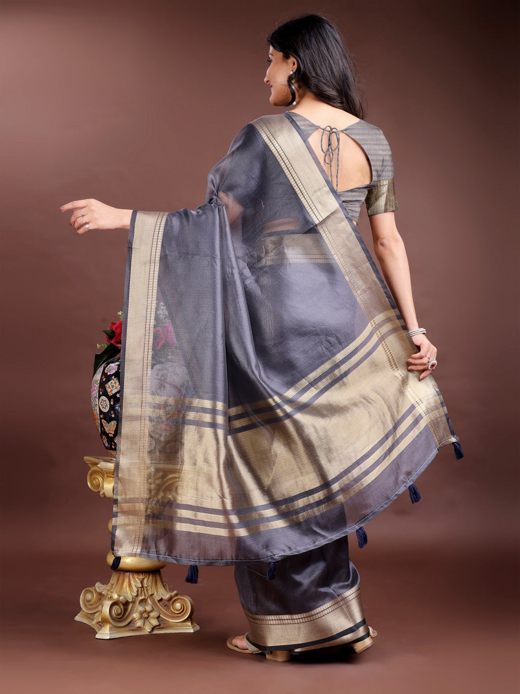 Grey Organza Saree with Woven Zari Work and Tassel Detail