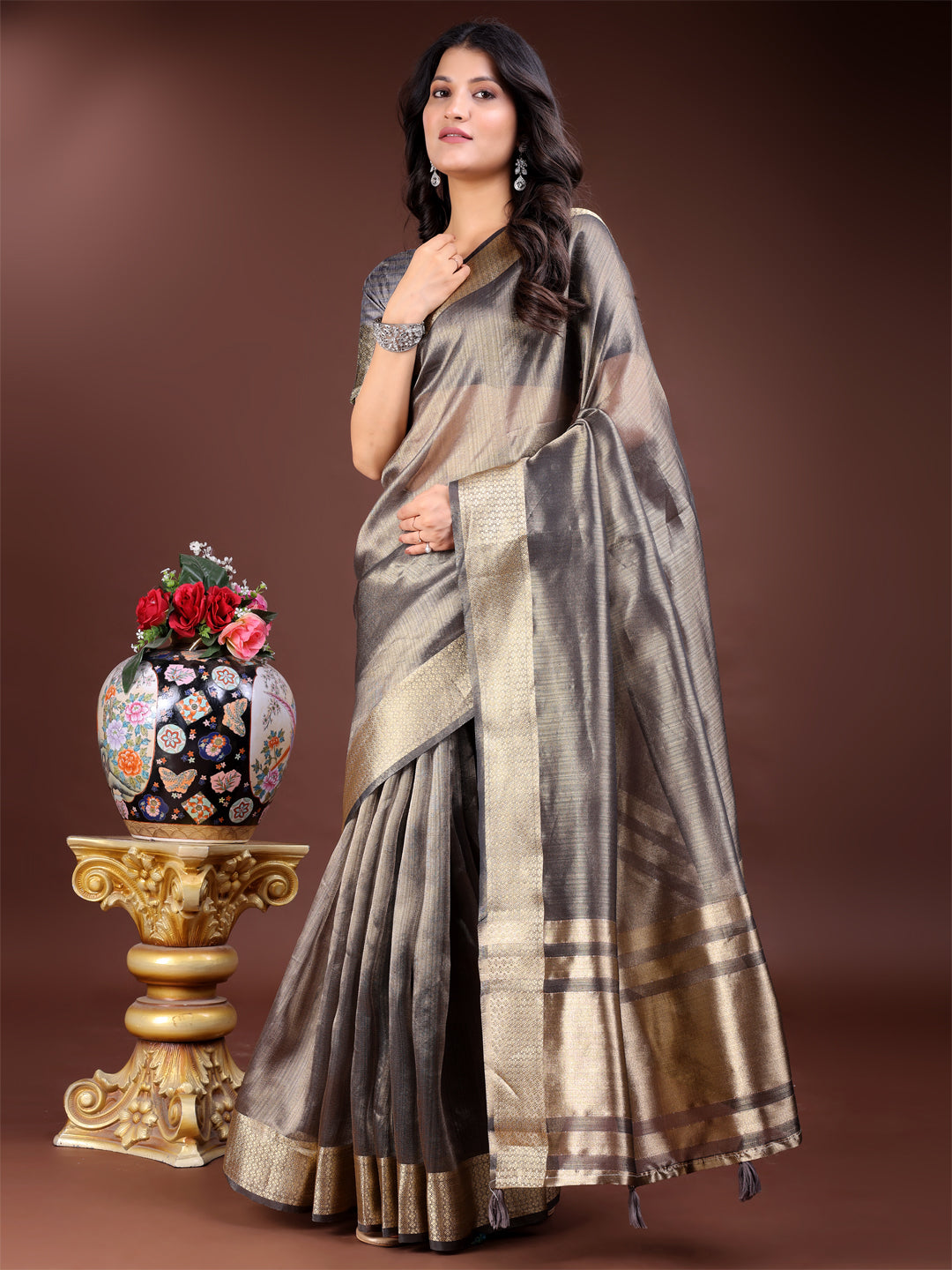 Grey Organza Saree with Woven Zari Work and Traditional Tassels