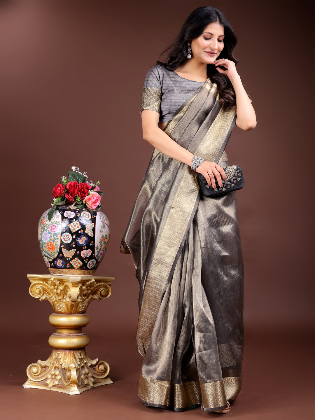 Grey Organza Saree with Woven Zari Work and Traditional Tassels