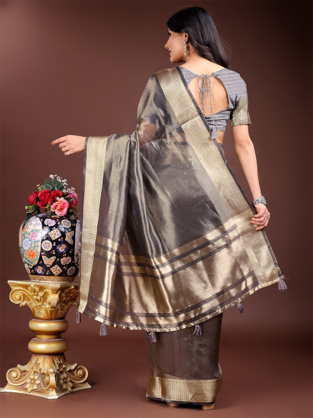 Grey Organza Saree with Woven Zari Work and Traditional Tassels