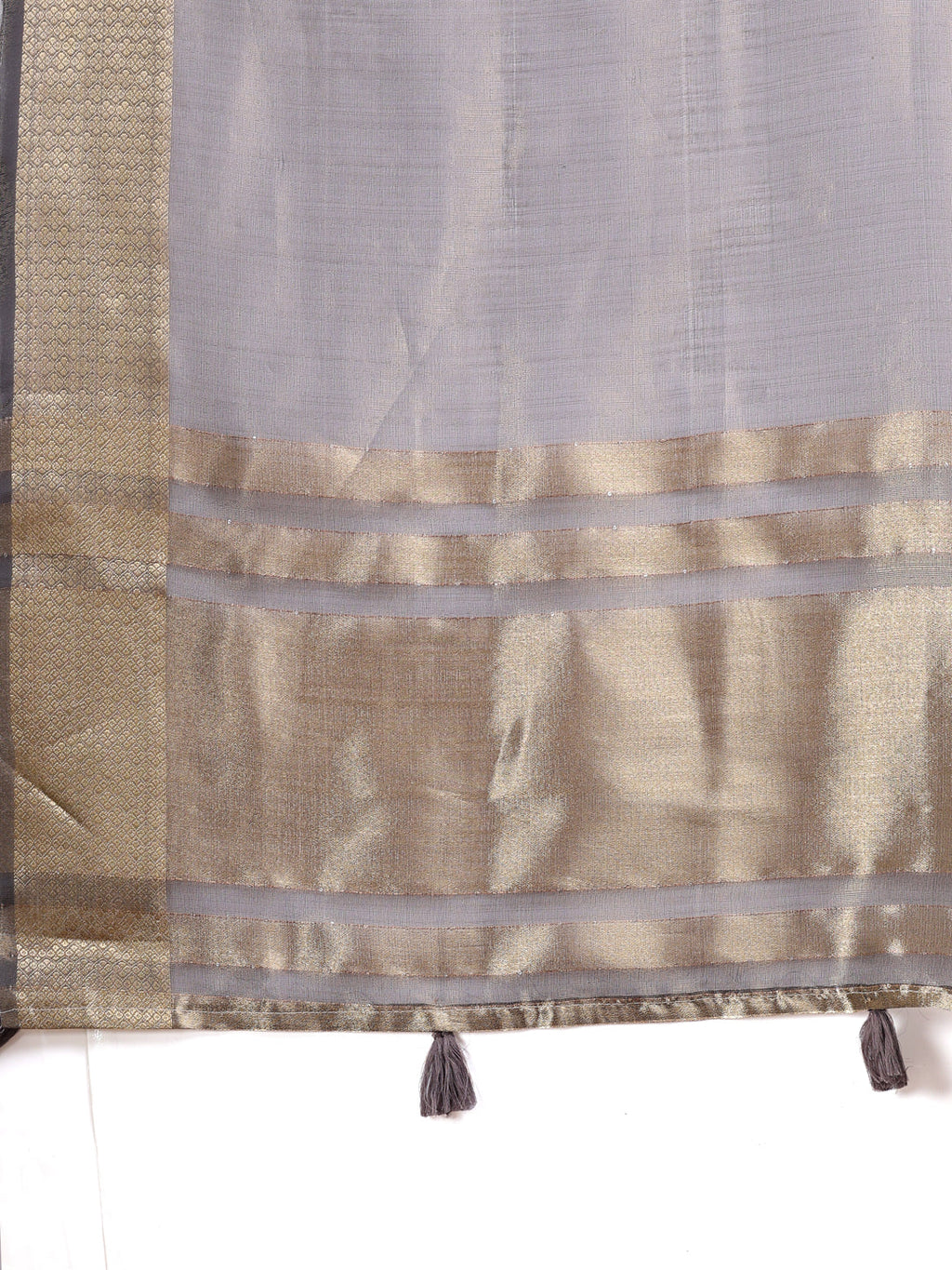 Grey Organza Saree with Woven Zari Work and Traditional Tassels