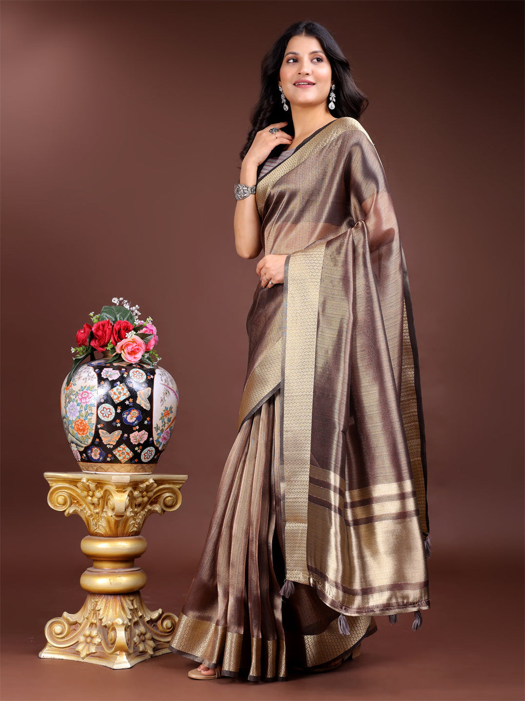 Brown Organza Saree with Woven Zari Work and Tassel Details