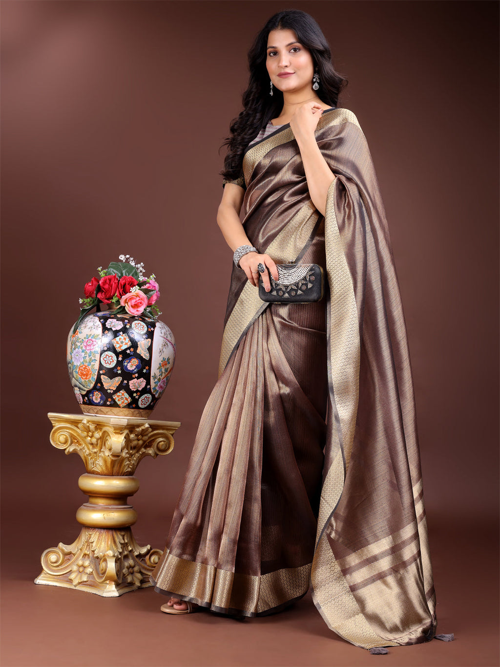 Brown Organza Saree with Woven Zari Work and Tassel Details