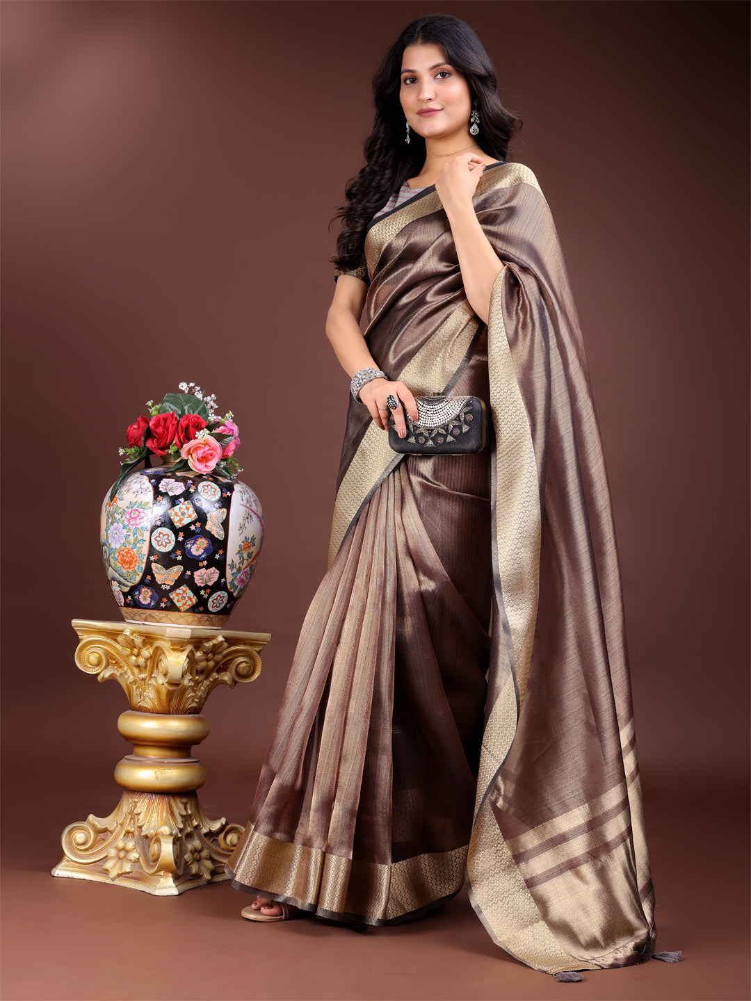 Brown Organza Saree with Woven Zari Work and Tassel Details
