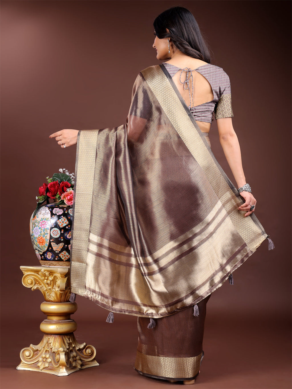 Brown Organza Saree with Woven Zari Work and Tassel Details