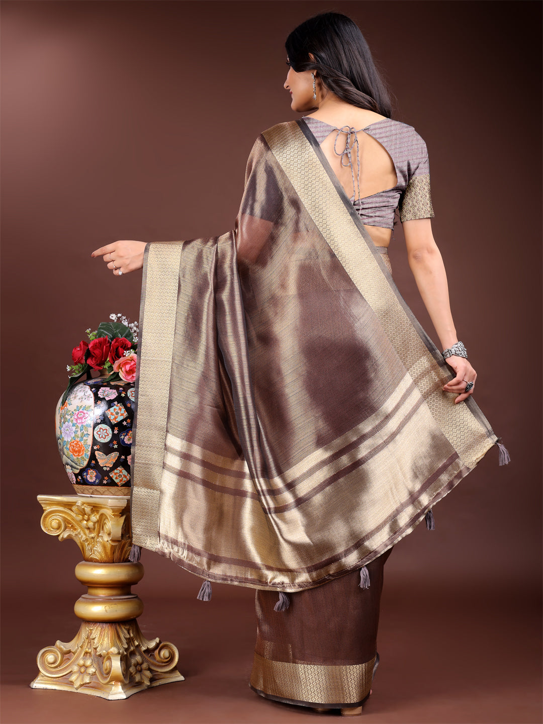 Brown Organza Saree with Woven Zari Work and Tassel Details