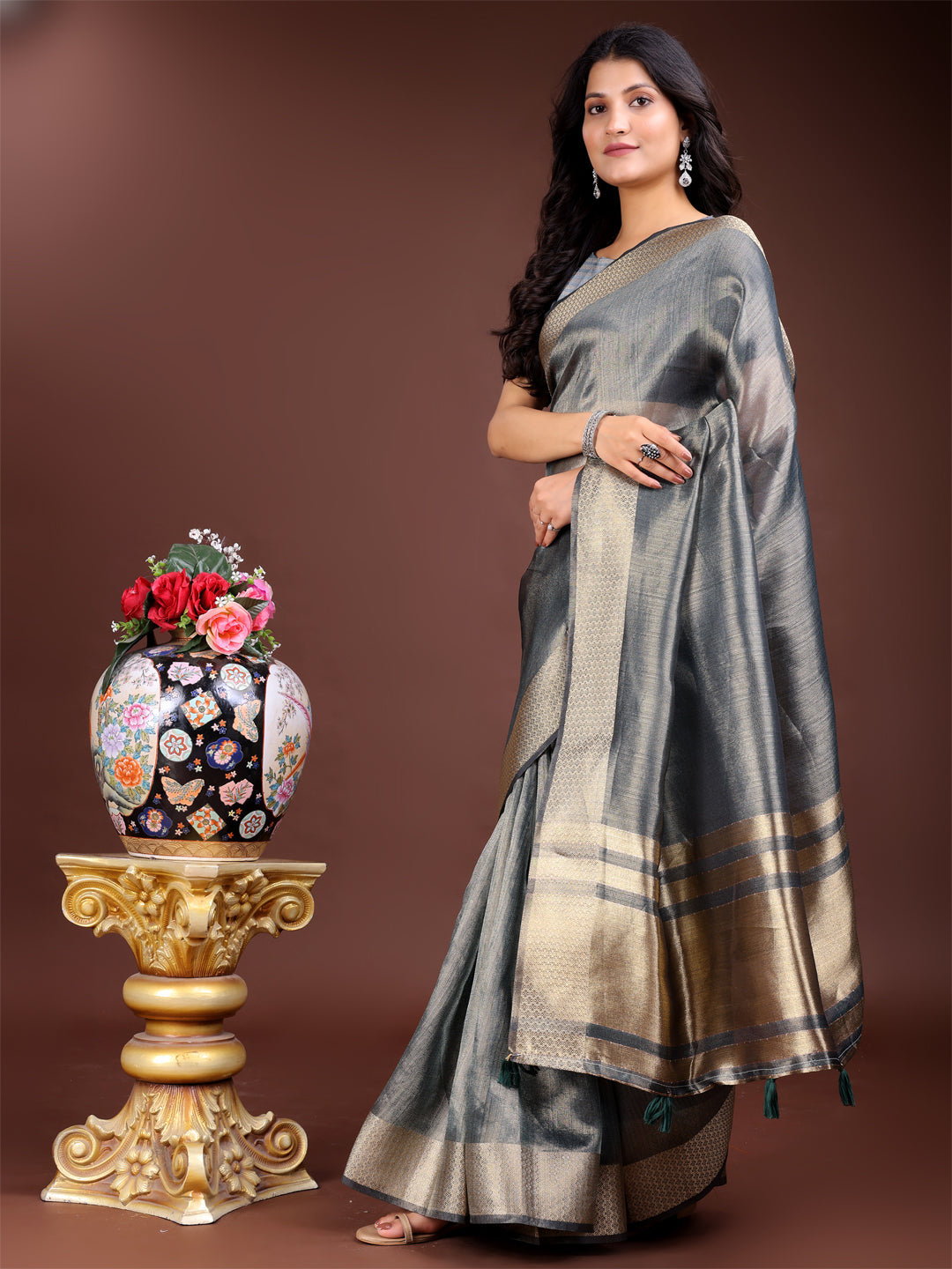 Silver Organza Saree with Woven Zari Work and Tassels