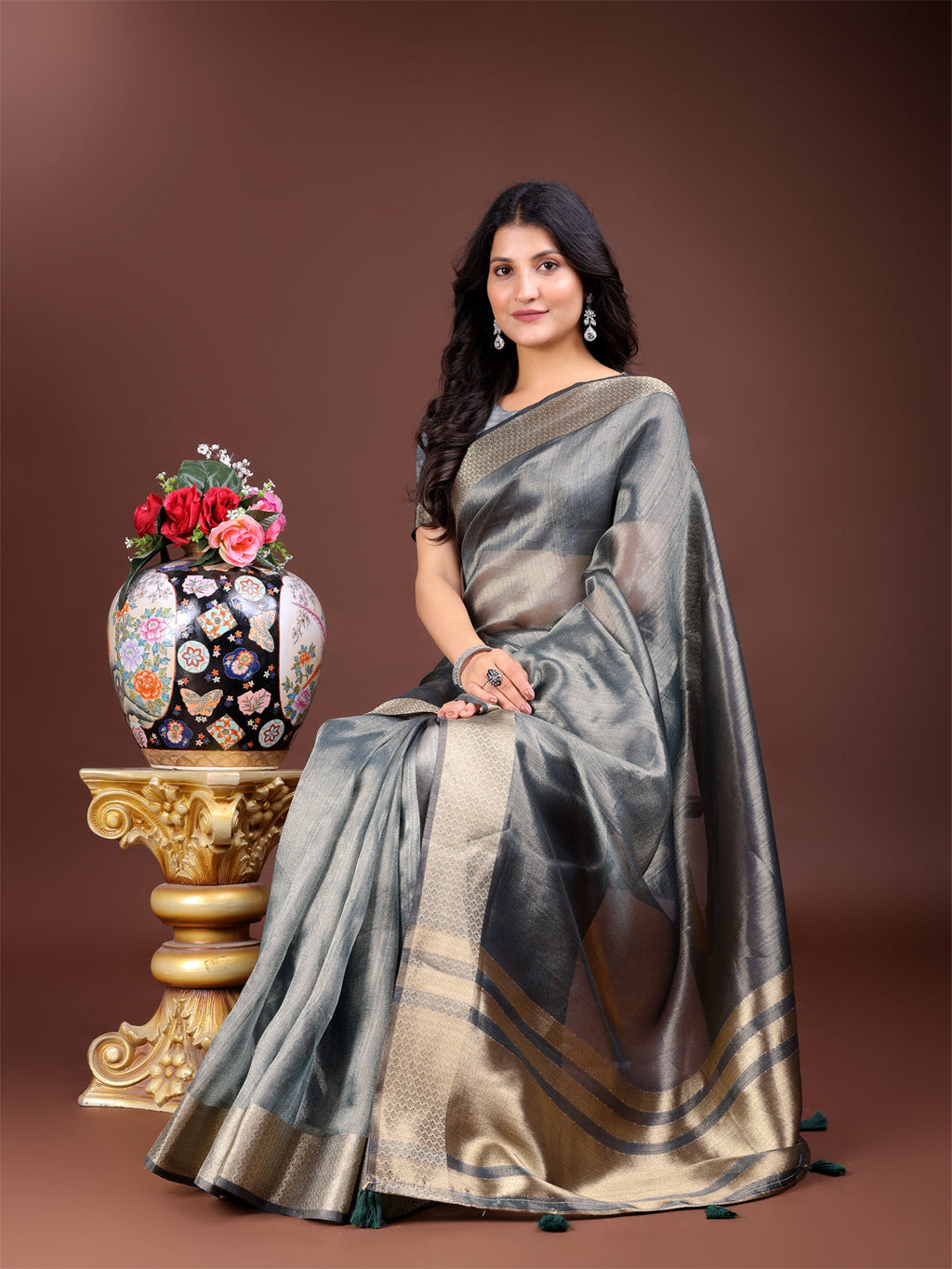 Silver Organza Saree with Woven Zari Work and Tassels