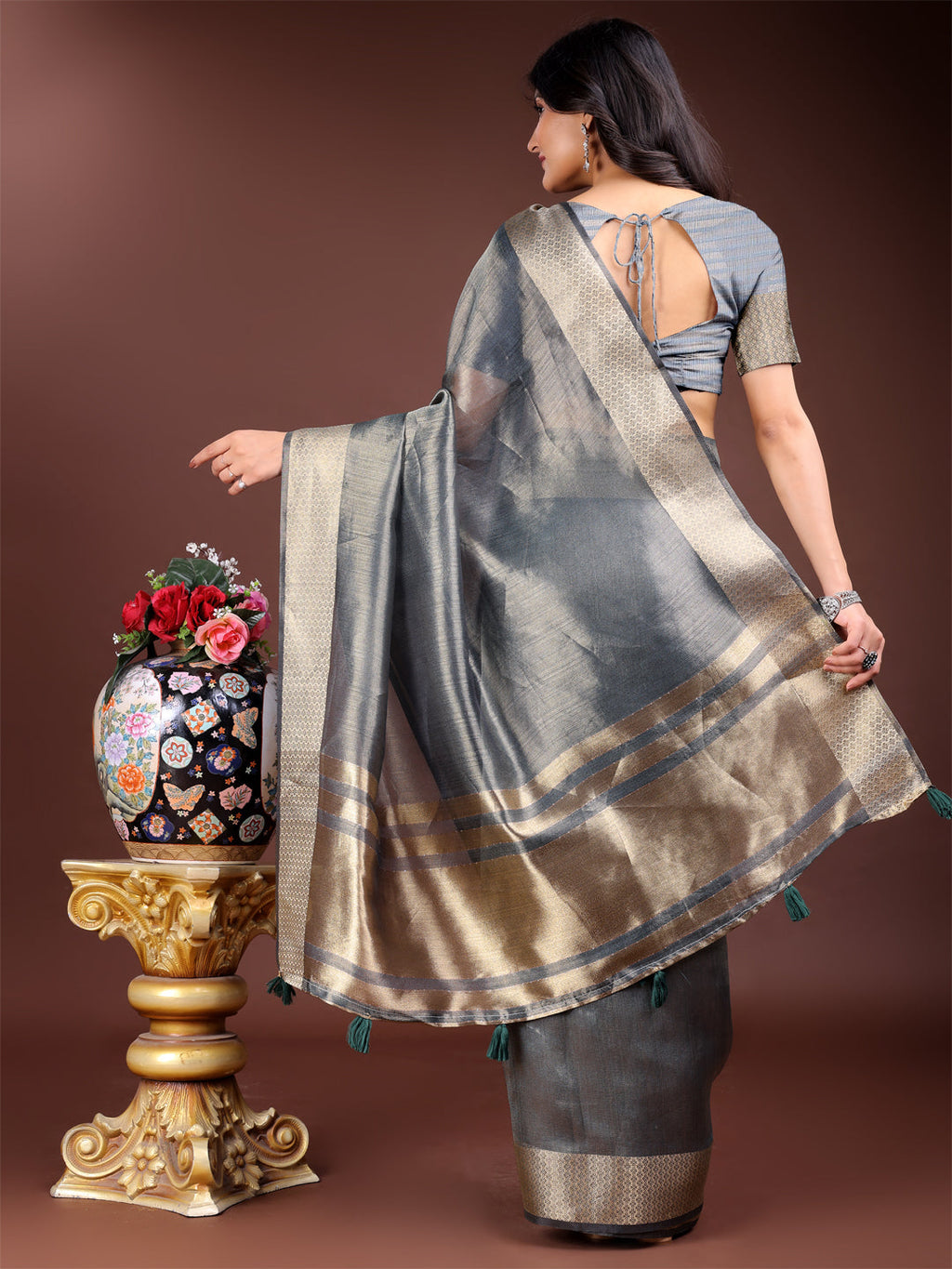 Silver Organza Saree with Woven Zari Work and Tassels