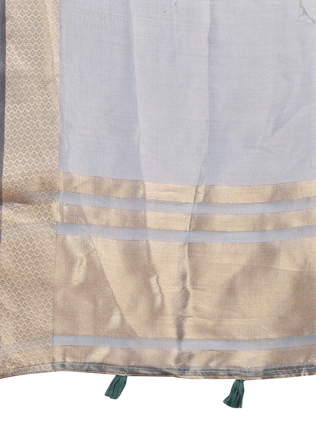 Silver Organza Saree with Woven Zari Work and Tassels