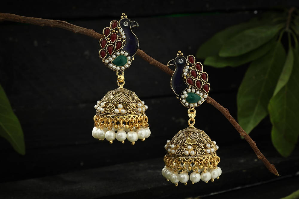 Traditional Peacock Design Multi Color Jhumka Earrings for Kids