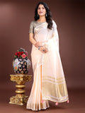 Peach woven linen saree with contrast zari border and decorative tassels