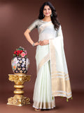Light Green linen saree with contrast zari border and tassels