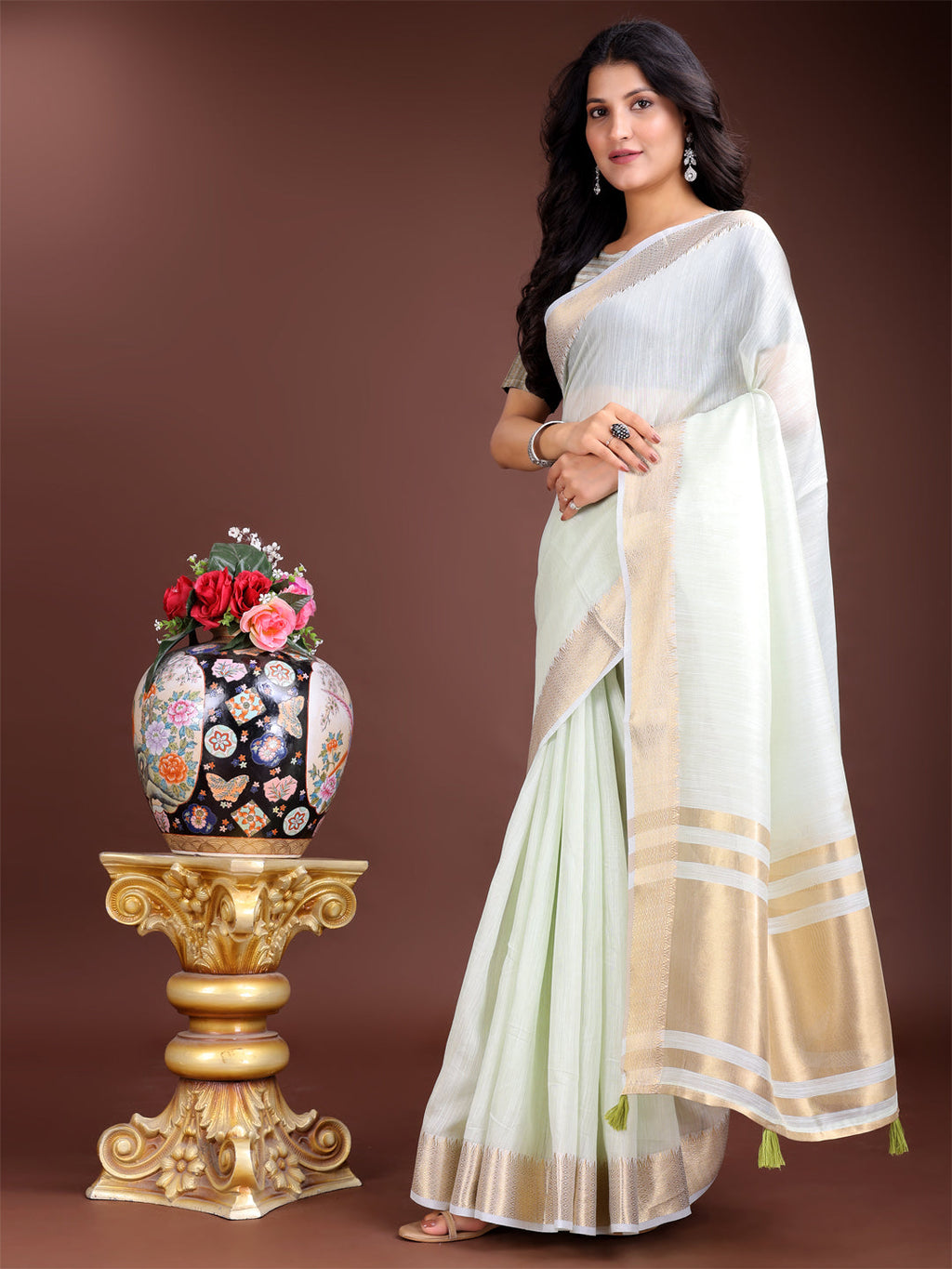 Light Green Woven Linen Saree with Contrast Zari Border & Tassels