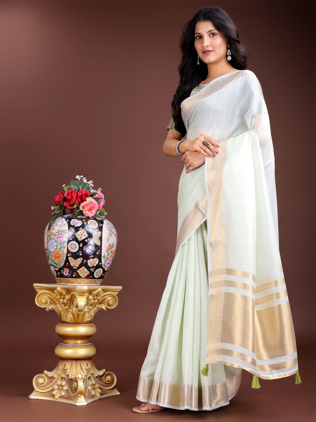 Light Green Woven Linen Saree with Contrast Zari Border & Tassels