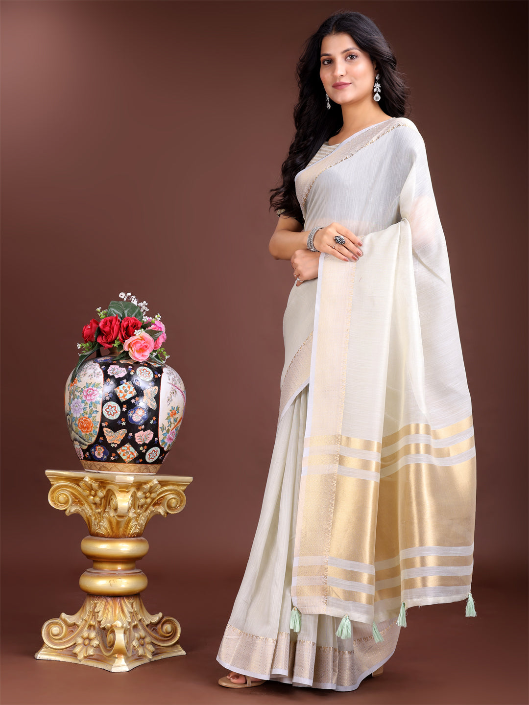 Grey Woven Linen Saree with Contrast Zari Border and Tassels