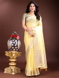 Yellow linen saree with contrast zari border and decorative tassels