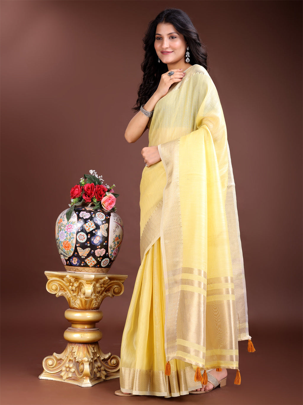 Yellow Woven Linen Saree with Contrast Zari & Tassels