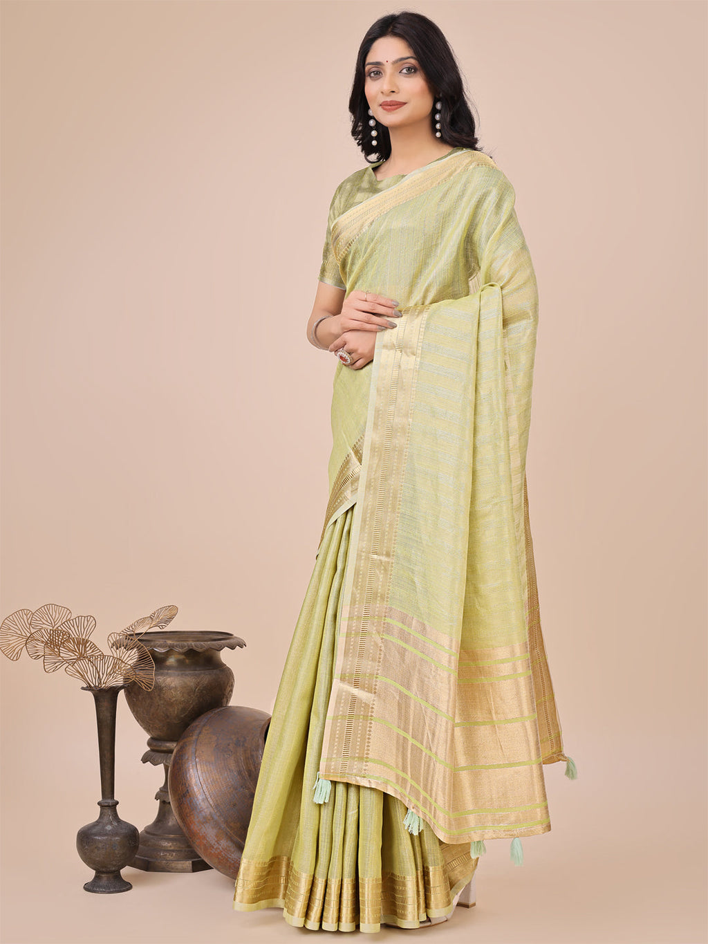 Light Green Organza Woven Zari Saree with Traditional Tassels