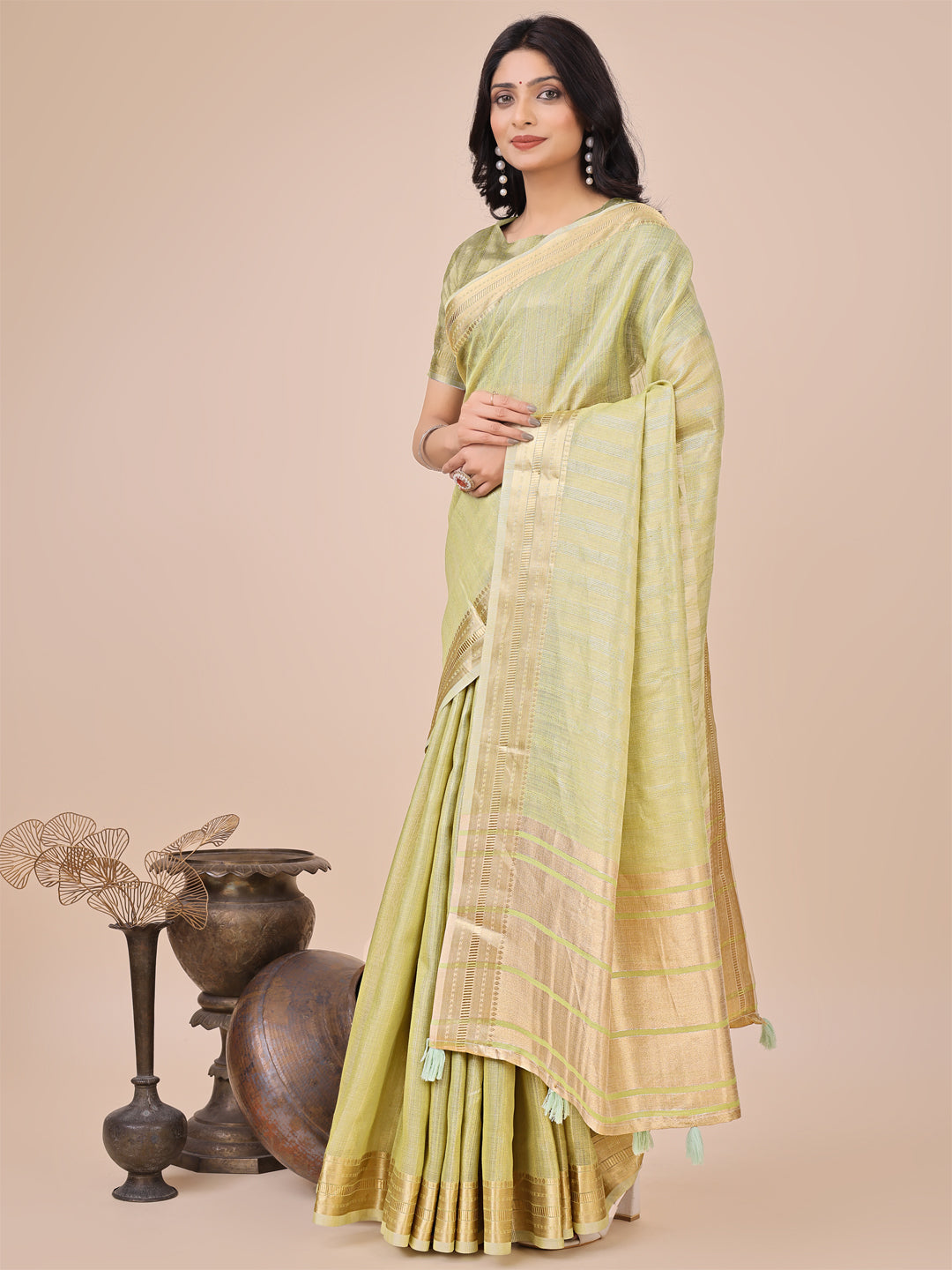 Light Green Organza Woven Zari Saree with Traditional Tassels
