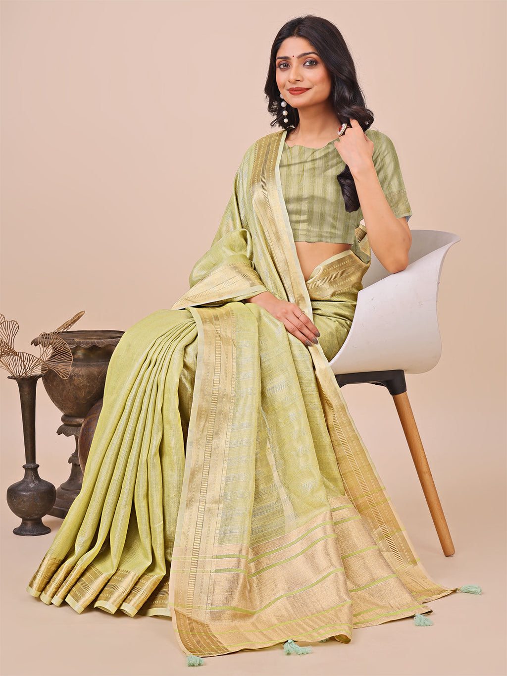 Light Green Organza Woven Zari Saree with Traditional Tassels