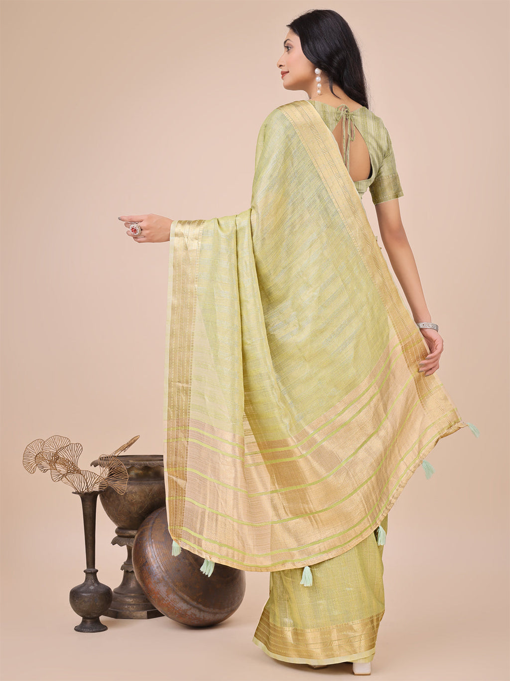 Light Green Organza Woven Zari Saree with Traditional Tassels