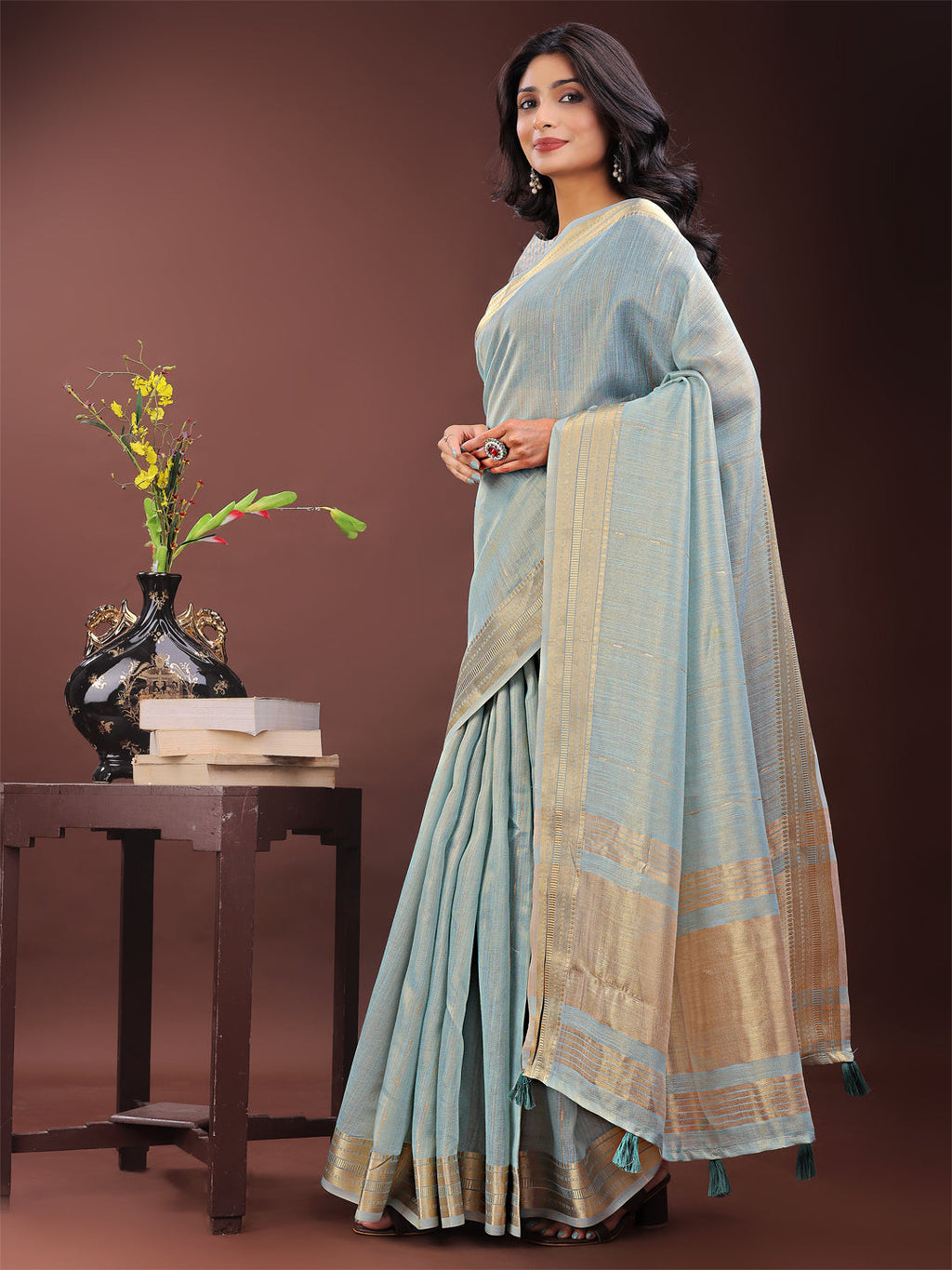 Sky Blue Organza Saree with Golden Zari Border and Blouse Piece