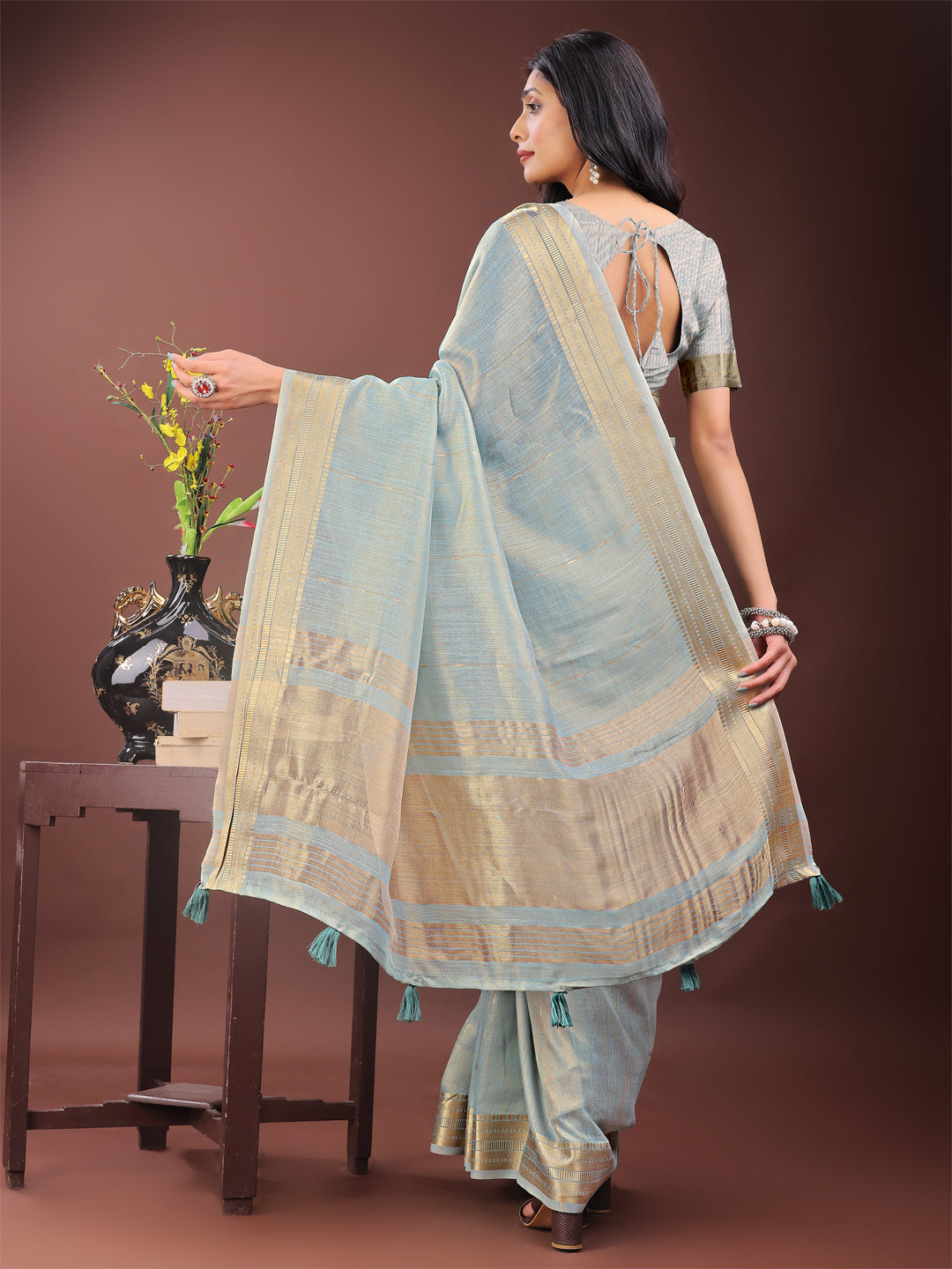 Sky Blue Organza Saree with Golden Zari Border and Blouse Piece