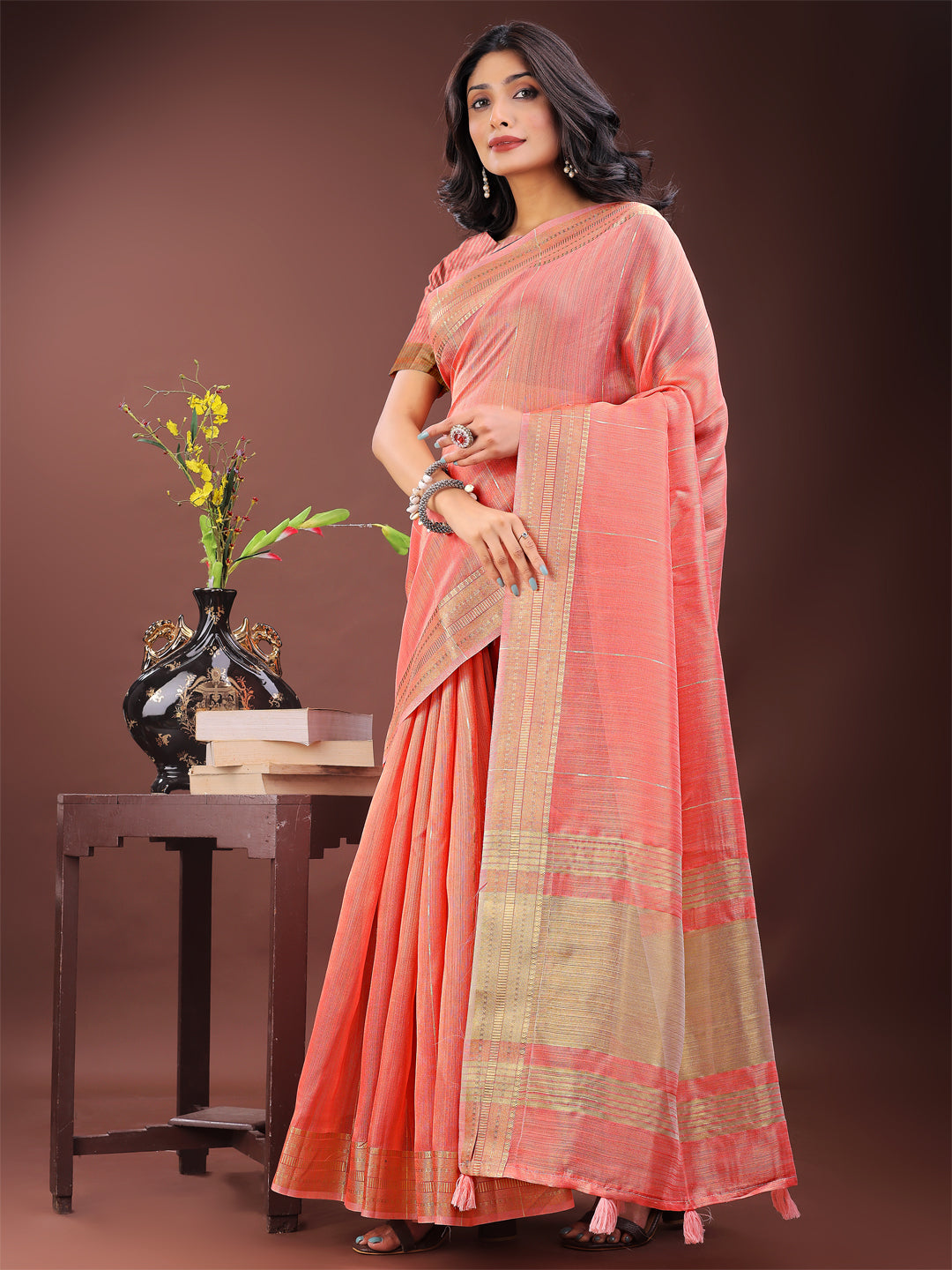 Elegant Peach Organza Saree with Golden Zari Border