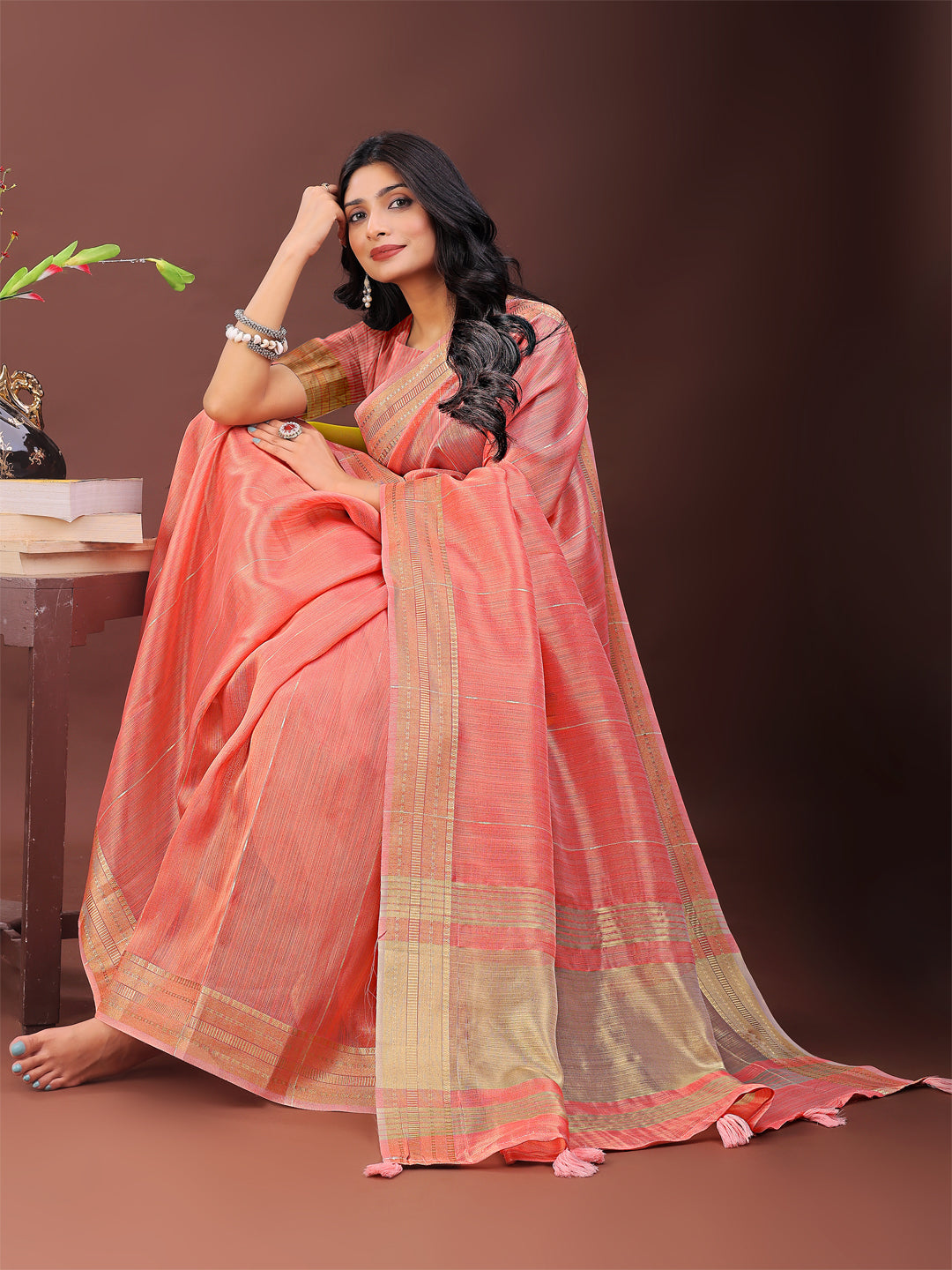Elegant Peach Organza Saree with Golden Zari Border