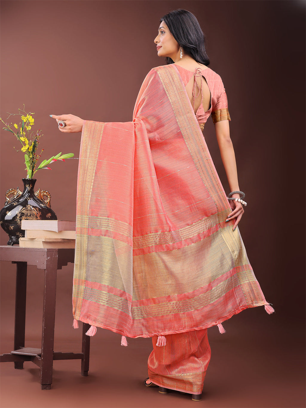 Elegant Peach Organza Saree with Golden Zari Border