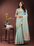 Olive Green Organza saree with traditional golden zari border and matching blouse