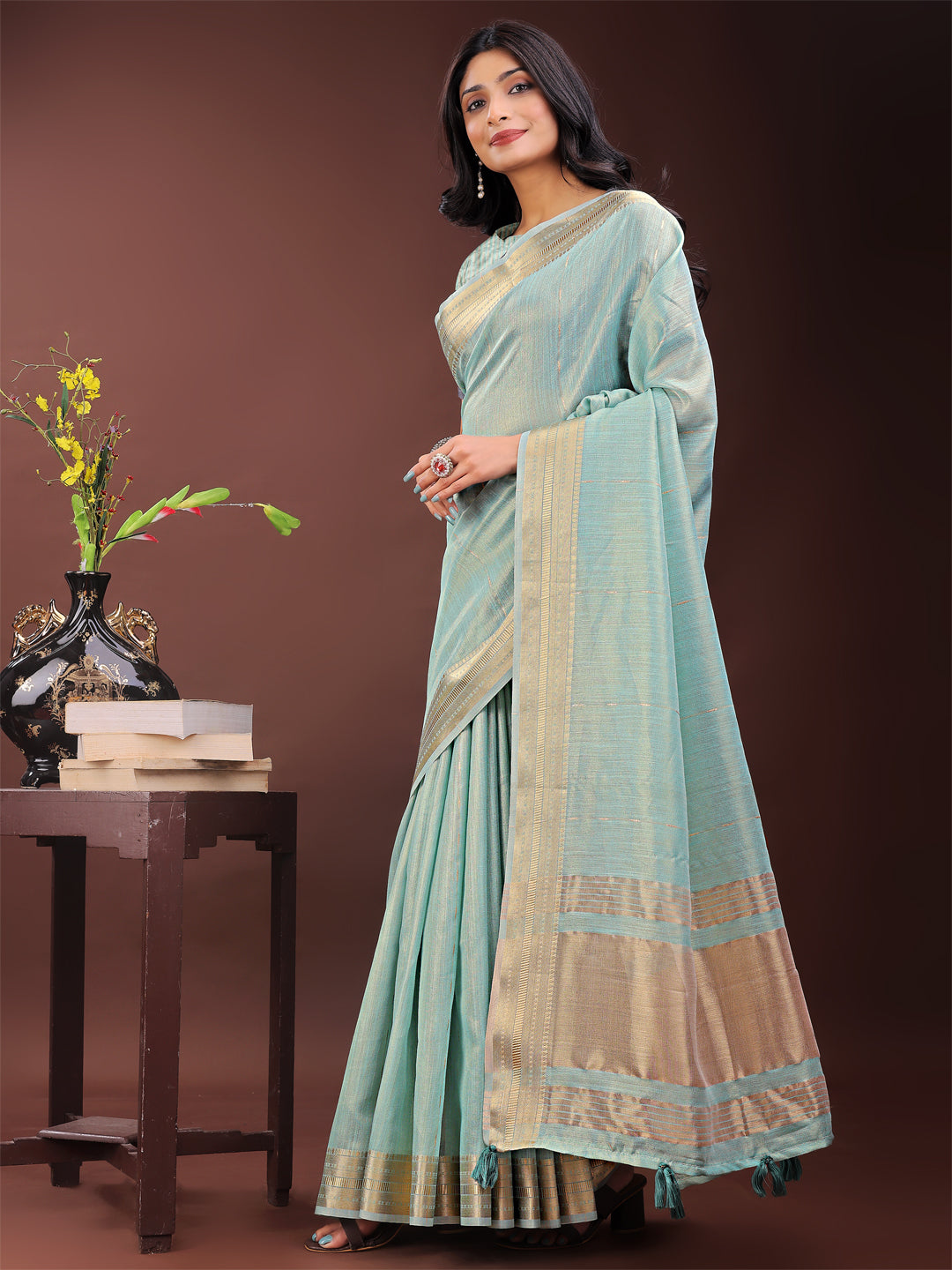 Olive Green Organza Saree with Golden Zari Border and Blouse