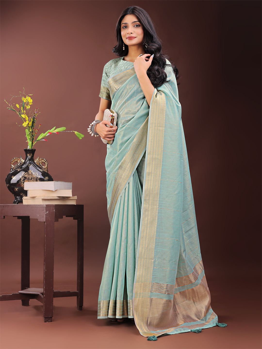 Olive Green Organza Saree with Golden Zari Border and Blouse