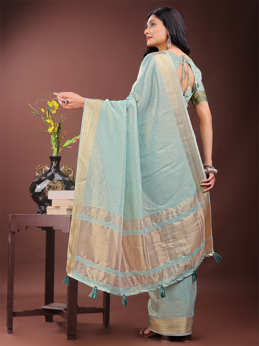 Olive Green Organza Saree with Golden Zari Border and Blouse