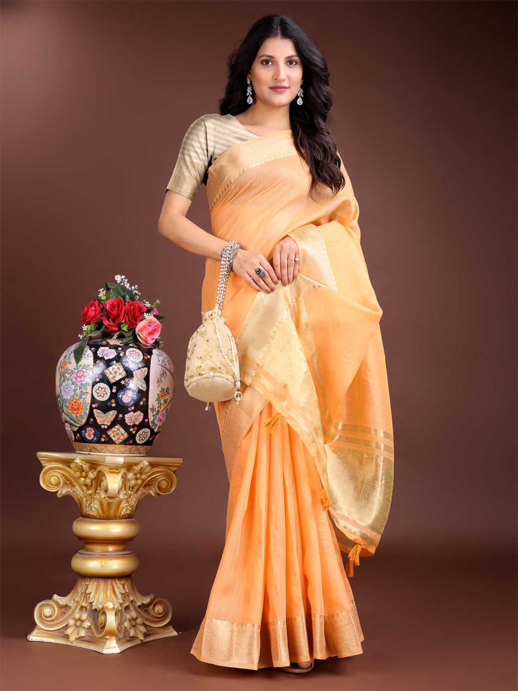 Orange cotton ready-to-wear saree with gold border, pre-stitched for effortless styling