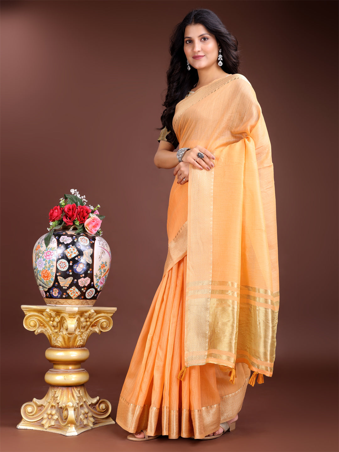 Orange Gold Cotton Ready-to-Wear Saree with Zari Border