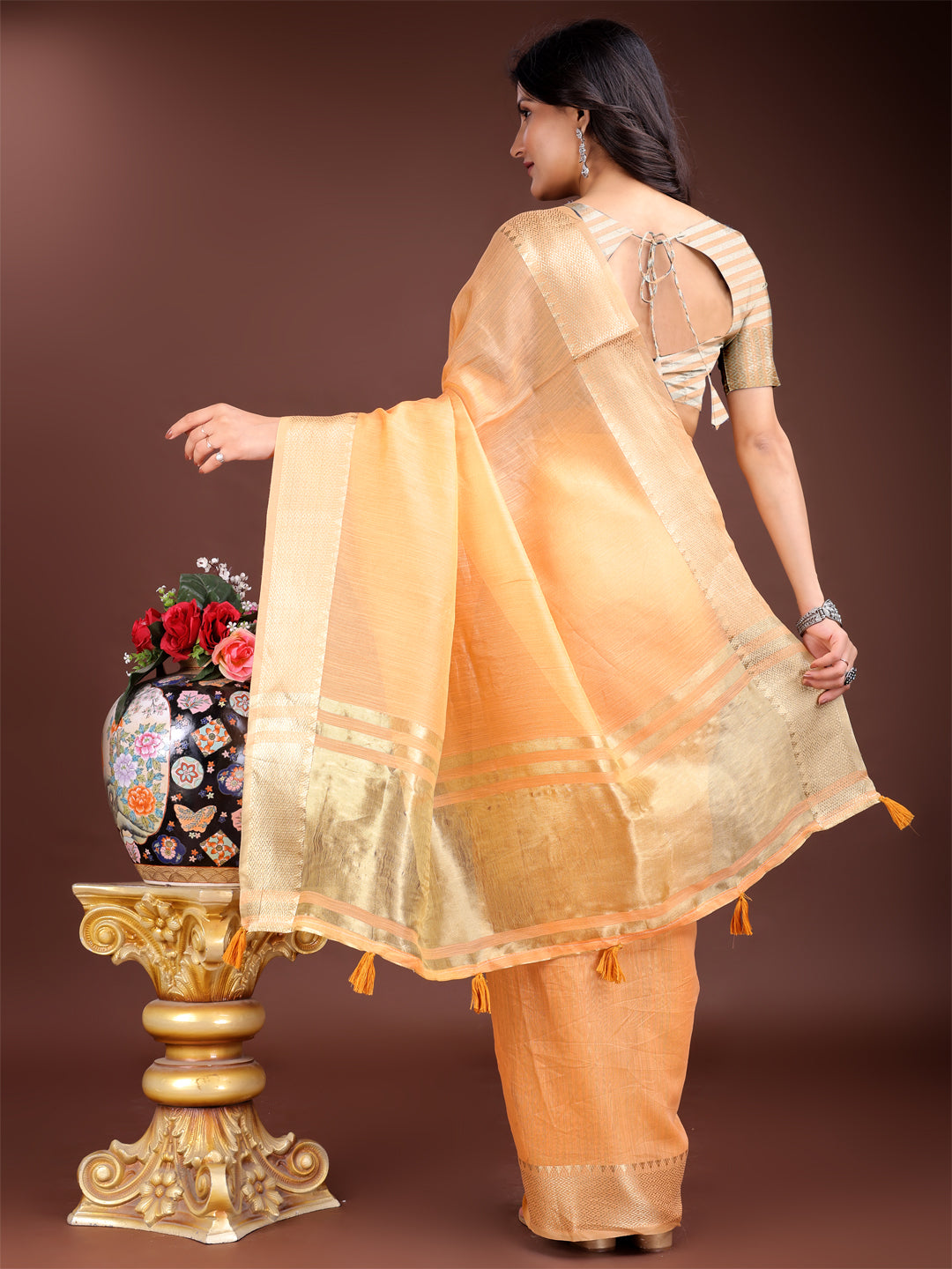 Orange Gold Cotton Ready-to-Wear Saree with Zari Border