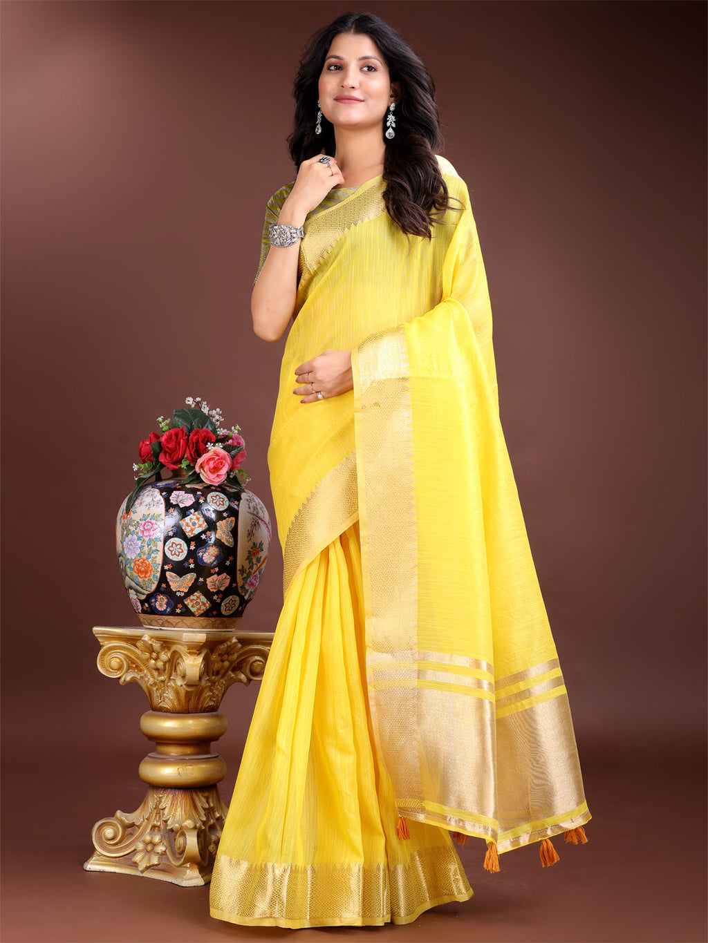 Yellow gold cotton ready-to-wear saree with golden border detailing