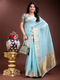 Sky Blue Cotton Ready-to-Wear Saree with elegant golden border details