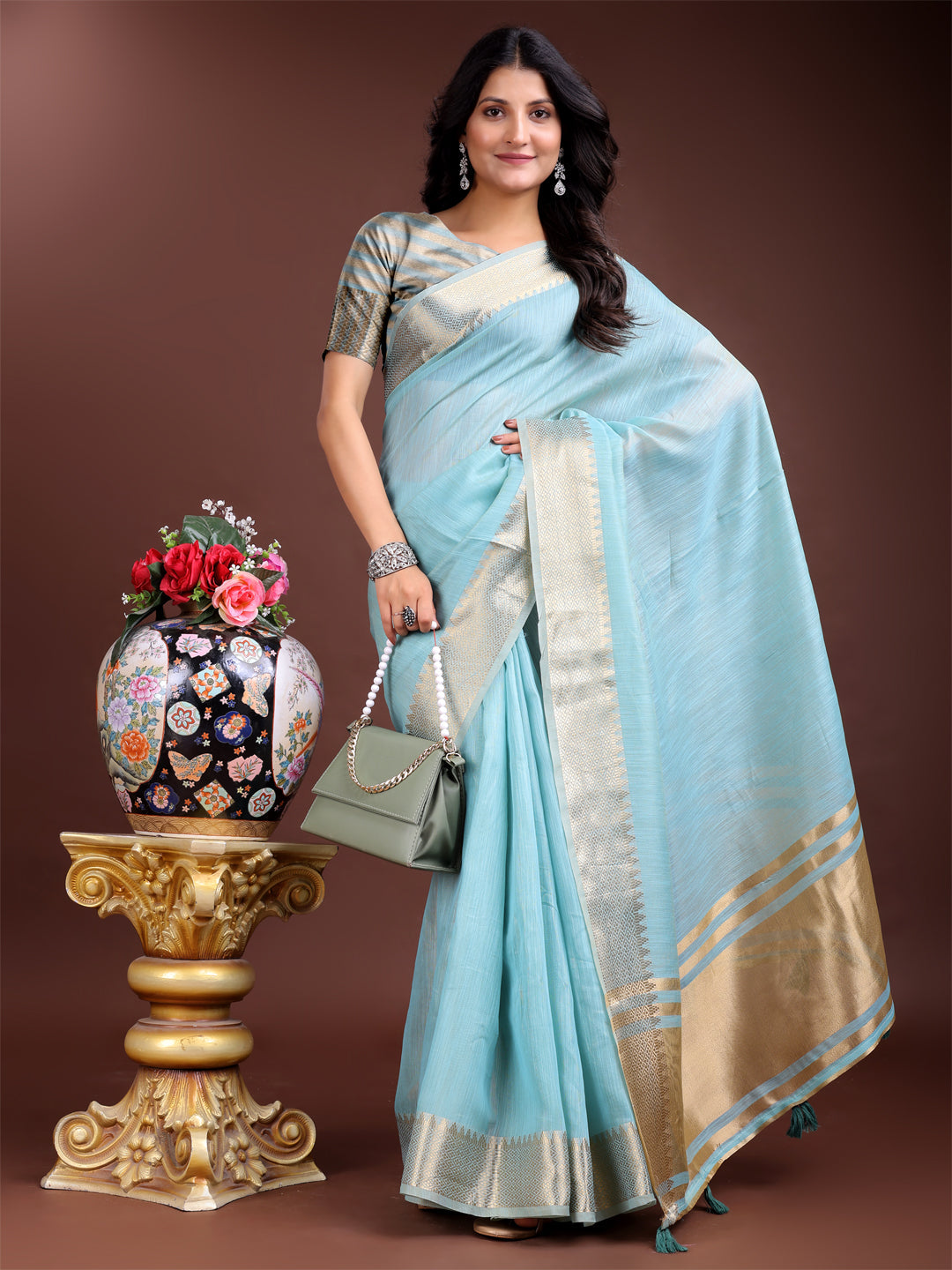 Sky Blue Cotton Ready-to-Wear Saree with elegant golden border details