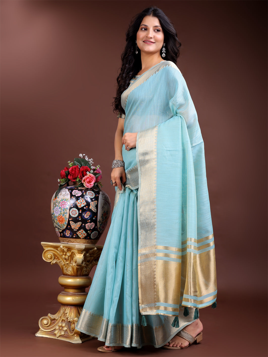 Sky Blue Cotton Ready-to-Wear Saree with Golden Border