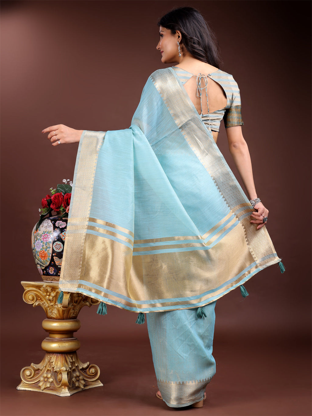 Sky Blue Cotton Ready-to-Wear Saree with Golden Border